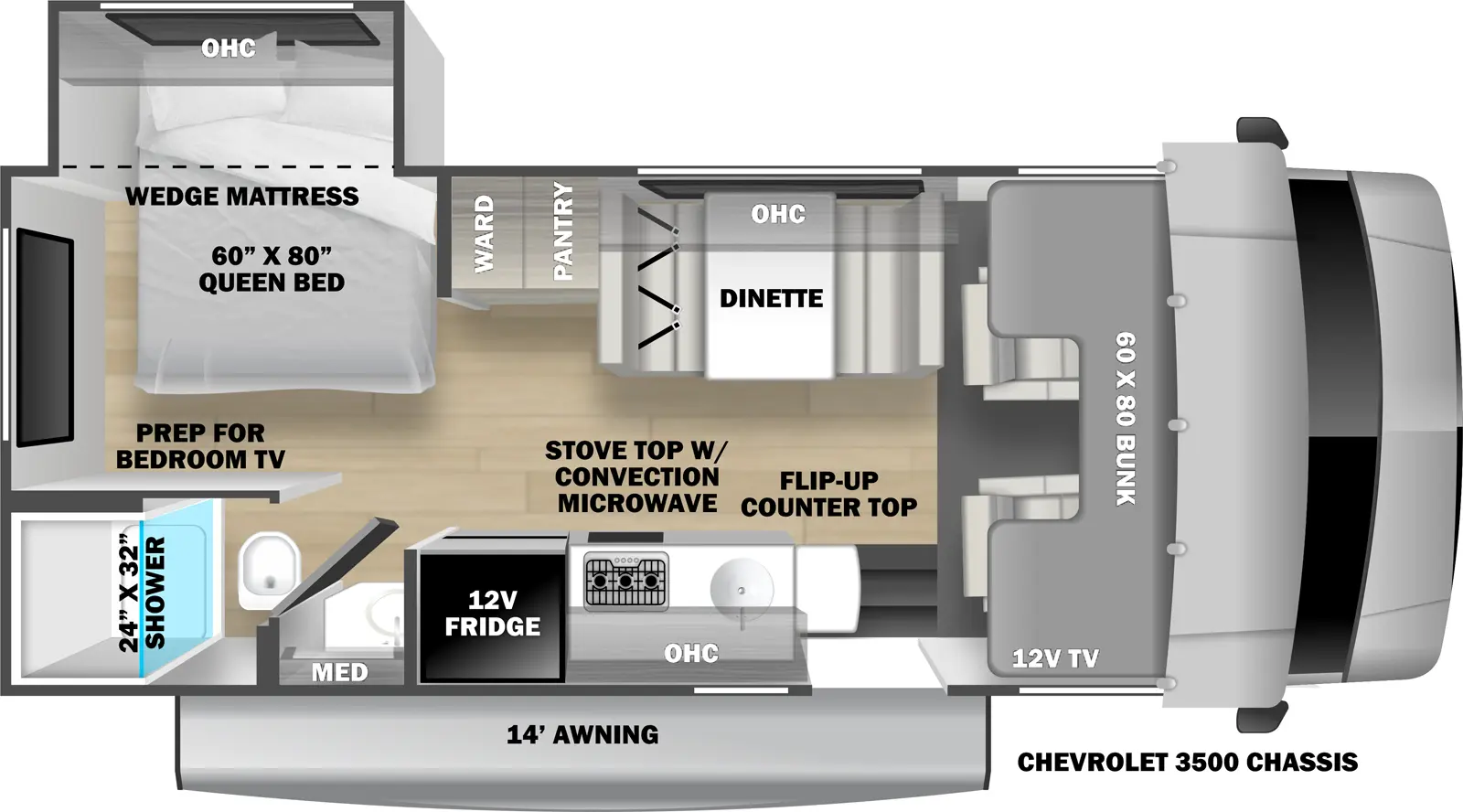 The 2251SLE has 1 off-door side slide out. Exterior features include a 14 ft. awning and is built on the Chevrolet 3500 chassis.  Interior layout from front to back includes a 60 x 80 cab over bunk with 12V TV; off-door side dinette; door side kitchen with 12V refrigerator, stovetop with convection microwave, sink, overhead cabinet and countertop extension; pantry and wardrobe across from the refrigerator; rear corner door side bathroom with 24 x32 shower, toilet, vanity and medicine cabinet; rear off-door side corner bedroom with 60 x 80 wedge mattress in an off-door side slide out with overhead cabinet and prep for bedroom TV.